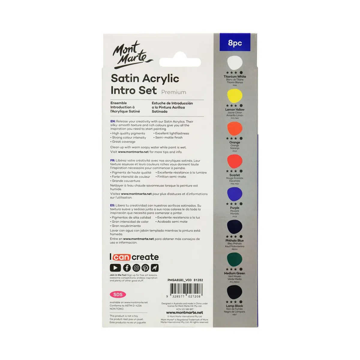 Mont Marte Satin Acrylic  Set 8 X 18ml