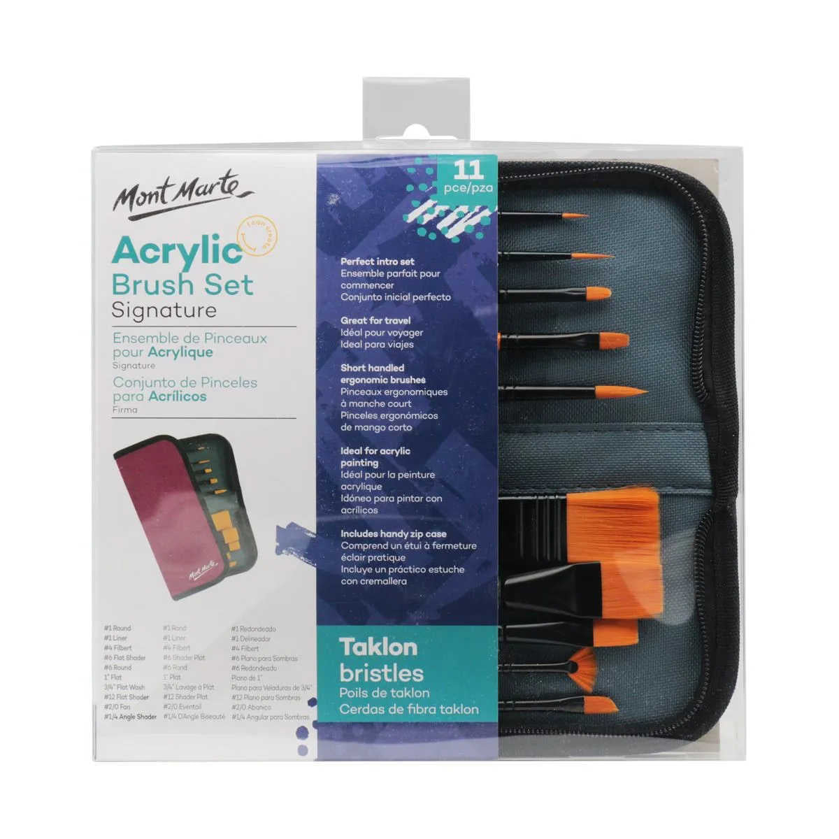 Mont Marte Taklon Brush Set in Wallet 11pce - Acrylic