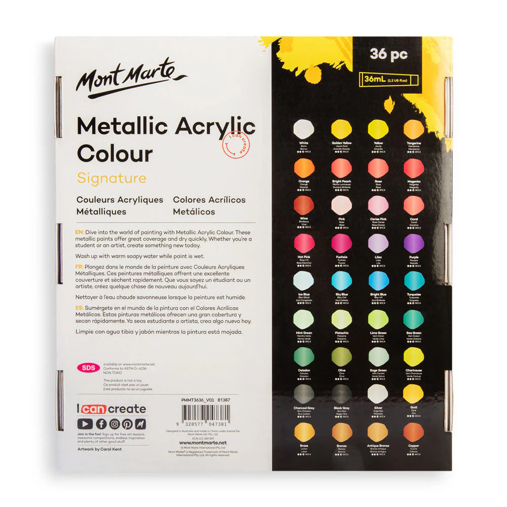 Mont Marte Metallic Acrylic Colour Paint Set 36pc x 36ml