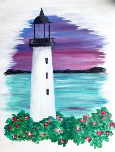 acrylic landscape painting ideas - Lighthouse sunset by sea